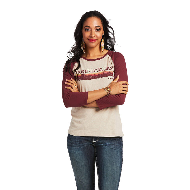 Ariat T-Shirts Damen - Real Long Live Baseball Weiß/DunkelRot ( MINBV-3684 )